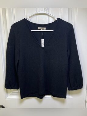 Madewell Black Textured V-Neck Puff 3/4 Sleeve Top XXS NWT